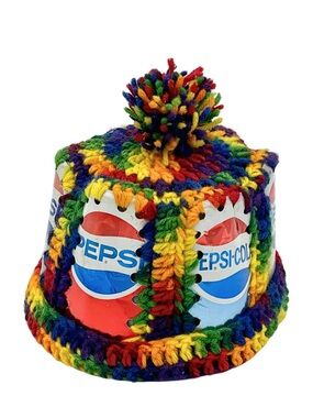 Vtg Y2K Pepsi Cola Can Hat Rainbow Crochet Novelty Festival Party Soda Pop 90s